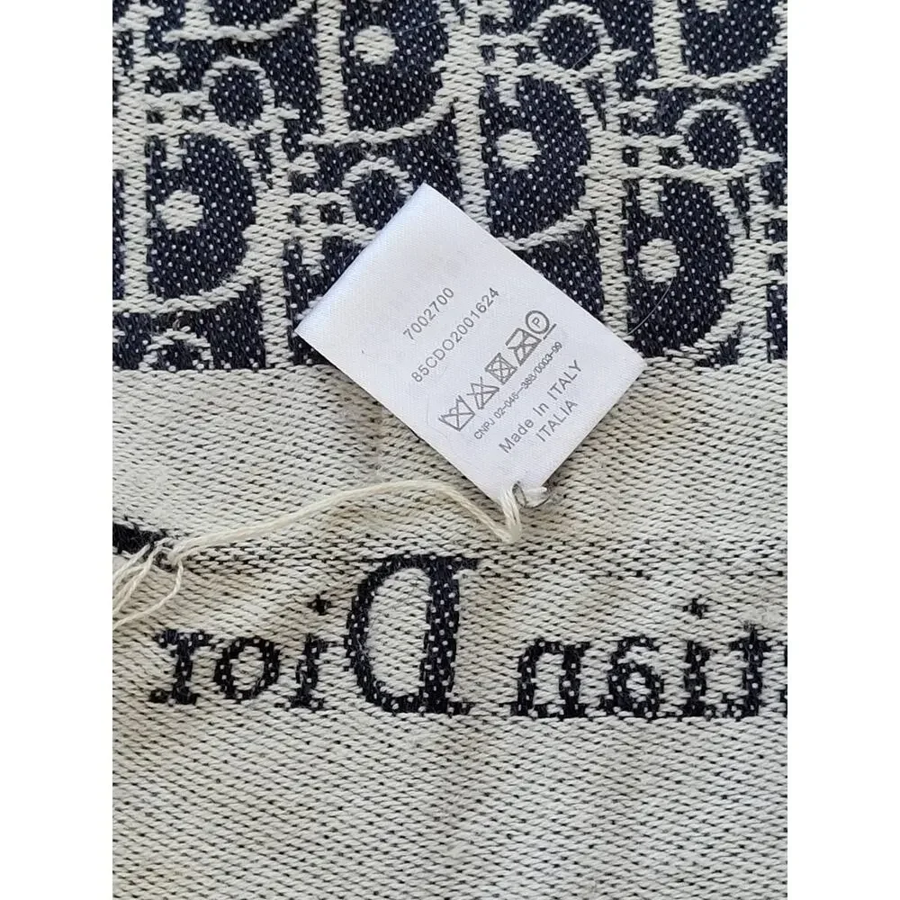 Christian Dior MONOGRAM Oblique 100% Cashmere Scarf Navy Blue & Cream 74